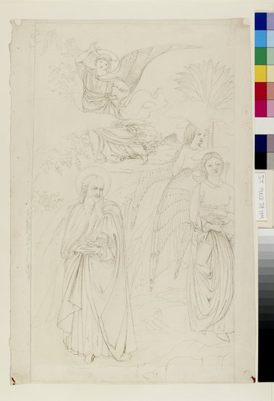 Tegning av Abraham som skiller seg fra englene fra Benozzo Gozzoli Historien om Abraham og Hagar i Camposanto, Pisa, 14. - 15. mai 1845 (penn og blekk over grafitt på vevd papir) av John Ruskin